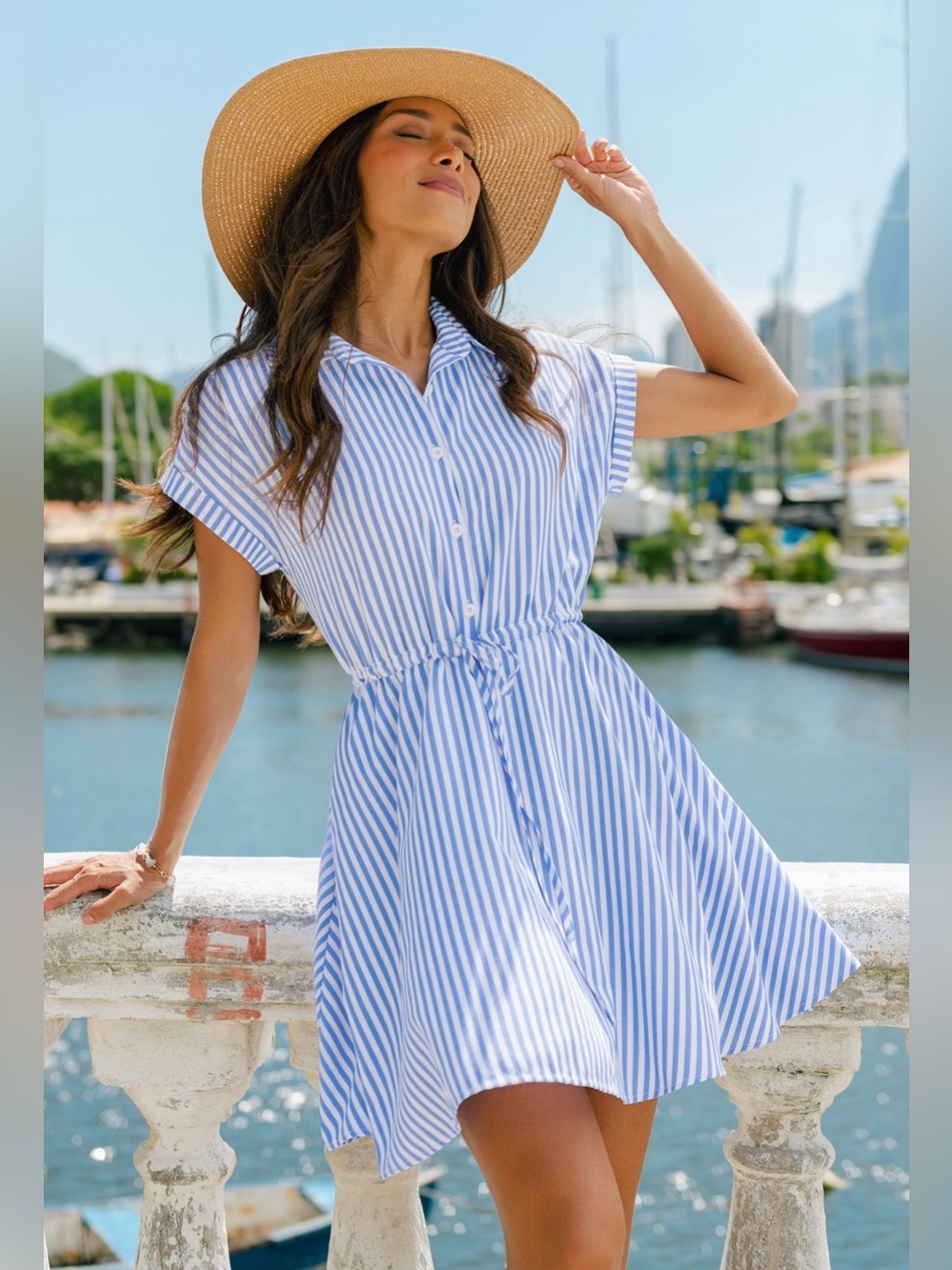 Blue & White Striped Short Sleeve Drawstring Waist Flared Mini Dress